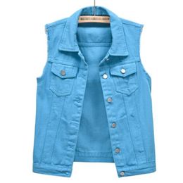 Women's Vests Sleeveless Female Jacket Blue Pink Ladies Tops Cowboy Women Denim Vests Waistcoat Pocket Short Jeans Outerwear 230322