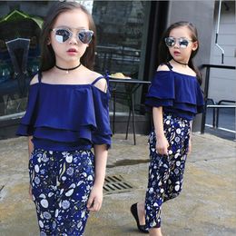 Clothing Sets Summer Teen Girls Flower Chiffon Set Children Off Shoulder tops Floral Pants Kids Outfits Girl Clothes For 8 12 14Years 230322