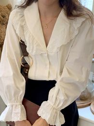 Women's Blouses Korobov French Vintage Blouse Lace Splicing Lapel Shirts For Women Wild Flared Sleeve Tops Fashion Blusas Mujer De Moda 2023