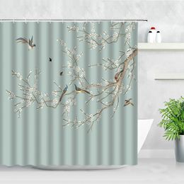 Shower Curtains Flowers Birds Shower Curtain Branches White Floral Plant Butterfly Chinese Style Bath Curtains Modern Fabric Bathroom Decor Sets 230322
