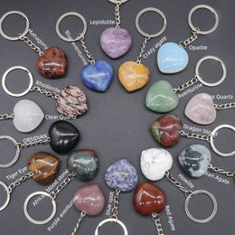 Lots Stone Key Rings 30MM Love Heart Charms Healing Crystal Agate Keyrings for Women Men