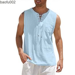 Men's T-Shirts 2022 Fashion Mens Summer Tank Tops Cotton Linen Casual Sleeveless Tops Loose Lace Up V-Neck Pocket Tees Shirts Male Streetwear W0322