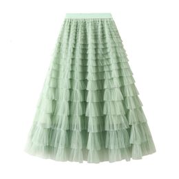 Skirts jupe femme ete 2023 Spring Party Elastic High Waist Long Tulle Women Multilayer ruffles Pink Mesh Tutu Ladies 230322