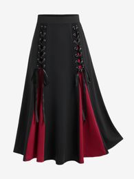 Skirts ROSEGAL Gothic Lace Up A Line Skirt For Women Godet Hem Colorful Y2K Elastic Waisted Midi Skirt Ladies Cozy Basic Bottoms 4XL 230322