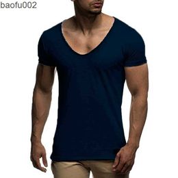 Men's T-Shirts Casual T Shirt Men Thin Style Summer Short Sleeve Men's T-shirts Fashion V-neck Slim Fit Solid Colour Tops Tees Shirt Man MY070 W0322