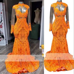 Prom Mermaid Orange High Neck Long Sleeve Sequined Lace Formal Evening Party Gowns Sequins Sexy Graduation Dresses 403