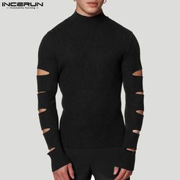 Men s T Shirts INCERUN Fashion T Shirt Solid Colour Turtleneck Long Sleeve Tee Tops 2023 Knitted Streetwear Hollow Out Casual Camisetas 230321