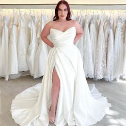 Simple Thigh Split A Line Wedding Dresses Plus Size Ruched Satin Bridal Gown Sweep Train Boho Robe de soiree