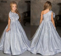 Sparkle Silver Sequined Flower Girls Dresses Big Bow One Shoulder Long Train Little Girl's Pageant Party Gowns Todder Kids First Communion Christmas Dress CL2052