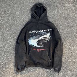 Men's Hoodies Sweatshirts REESENT Great White Shark Wash Old Women's High Street Coat T230322