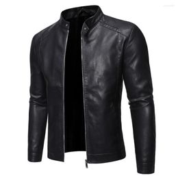 Men's Jackets Men Jacket Plus Size Coat Zipper Closure Stand Collar Faux Leather Windproof Slim Solid Colour Autumn Motorcycle Outwear