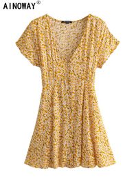 Casual Dresses Vintage Chic Women Yellow Floral Print Deep V-neck Single Breasted Bohemian Mini Dresses Ladies Short Sleeve Boho Beach Dress G230322