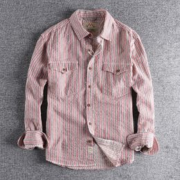 Men's Casual Shirts arrival Cotton Japanese stripe Long Sleeve Shirt Men's work pocket fashion loose youth top wear 317 230322