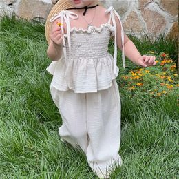 Clothing Sets Korean Children Kids Set Girls Summer Organic Cotton Tie Tank Sling Smocked Top Lace Wide Leg Pants Trousers Outfits 230322