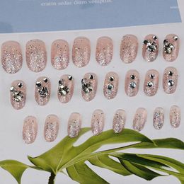 False Nails 24pcs/set Acrylic Nail Tips With Rhinestone Oval Head Medium Long Size Wearable Full Cover Fake For Women