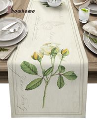 Table Runner Vintage Country Plant White Rose Table Runner Luxury Wedding Decoration Table Cover Christmas Decoration Tablecloth 230322