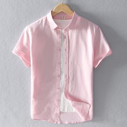 Men's Casual Shirts Summer Cotton Linen Short Sleeve Shirts Men Casual Fashion Pink Classic Turn-down Collar Man Tops Plus Size S-4XL Y2469 230322