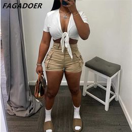 Women's Tracksuits FAGADOER Summer Cargo Shorts Sets Women Sexy Short Pants Street Trousers 2023 Bow Lace Up Crop Top Hight Waist Pockets Shorts P230320