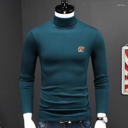 Men's T Shirts Long Embroider Turtleneck Tiger Sleeve T-shirt Autumn Winter Velvet Warm Shirt Men Clothing Stretch Cotton Modal Tshirt