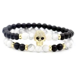 Strand 2pcs/set White Howlite Stone Couples Distance Bracelet Men Silver Color Micro CZ Chakra Bracelets For Women Love Beaded Strands