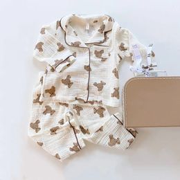 Pyjamas 16Y Kids Sets Baby Boys Grils Sleepwear Bear Printed Long Sleeve Lapel Tops Pants Children Nighwear 230322