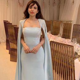 Party Dresses Sky Blue Chiffon Prom Dresses Cap Long Sleeves Formal Party Gowns Sweep Train Women Scoop Evening Dress Special Celebrity Gowns 230322