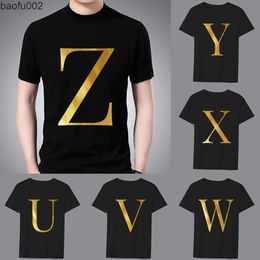 Men's T-Shirts Fashion T-shirt Black Men's 26 English Letters Gold Printing Pattern Series Casual Round Neck Commuter Comfortable Top T-shirt W0322