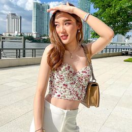 Women's Tanks Vintage Lace Trim Strapless Floral Crop Tube Tops 2000s Aesthetics Red Flowers Sleeveless Tank Streetwear Cute Slim