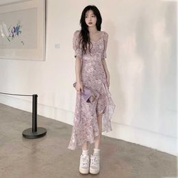 Casual Dresses Elegant Women Dress Short Sleeve Purple Flower Casual Vintage Office Lady New Korean Fashion Girls Fairy Summer Midi Dress 2022 G230322