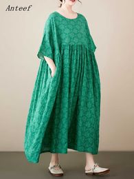 Casual Dresses Anteef short sleeve oversized cotton vintage floral dresses for women casual loose long summer dress elegant clothing 2023 G230322