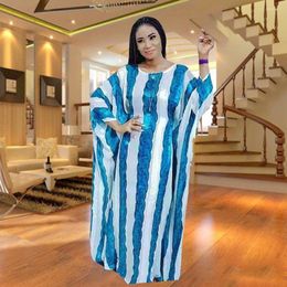 Ethnic Clothing African Dresses For Women Ruched Print Elegant Loose Evening Party Maxi Dress Jacquard Colorful Stripe Long Robe Sexy Lady