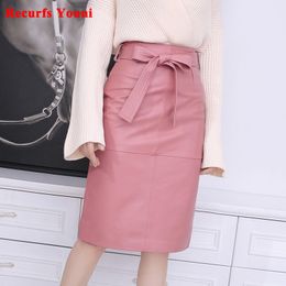 Skirts Spring Women Genuine Leather OL Knee Length Skirt Female Elegant Slim Wrap Jupe With Belt Mujer Pink Custom Big Size Faldas 230322