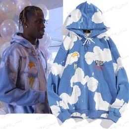 Men's Hoodies Sweatshirts 23ss autumn and winter blue sky and white clouds tie-dyed ins women's over-size T230322