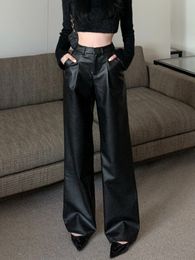 Women's Pants s Black Y2K Leather Pant High Waist Elegant Casual Baggy Female Korean Fashion Straight Wide Leg Winter 230322