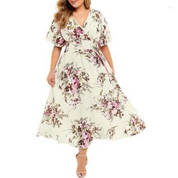 Casual Dresses Women Plus Size Flutter Short Sleeve Sexy V-Neck Midi Long Swing Dress Boho Floral Print Smocked Waist A-Line Sundress