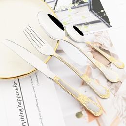 Dinnerware Sets 16/24Pcs Golden Pattern Set 18/10 Stainless Steel Cutlery Knife Fork Spoons Tableware Silverware Kitchen Flatware