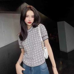 Women's T-shirt Designer High Quality Knitted Tee Fashion Jacquard Full Letters Round Neck Short Sleeves HOFS