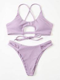 Women's Swimwear Swim CyxWzy Women Ties 2023 Purple Solid Print Sexy Low Waist Thong Bikini Summer Beachwear Two Piece Set Swimsuit