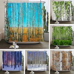Shower Curtains Birch Forest Trees Shower Curtain Natural Landscape Prints Fabric Waterproof Polyester Bathroom Curtains Decoration with Hooks 230322