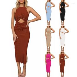 Casual Dresses Sexy Dress Hollow Out Party Bodycon Front Twist Knot Bow Clubwear O-neck Midi Sundress Women Summer Knit