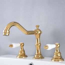 Bathroom Sink Faucets Polished Gold Colour Brass Deck Mounted Dual Handles Widespread 3 Holes Basin Faucet Mixer Water Taps Mnf982