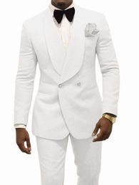 Men's Suits Blazers Custom Made Groomsmen White Pattern Groom Tuxedos Shawl Lapel Suits 2PCS Wedding Man JacketPants Costume Homme 230322