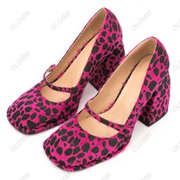 Olomm Handmade Women Pumps Square High Heels Horse Hair Square Toe Gorgeous Leopard Party Dress Shoes Ladies Plus US Size 5-13