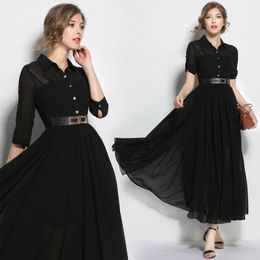 Casual Dresses For Women 2023 Elegant Party Long Mid-waist Luxury Lapel Shirt Mid-length Big Black Chiffon Dress Vestido FemininoCasual