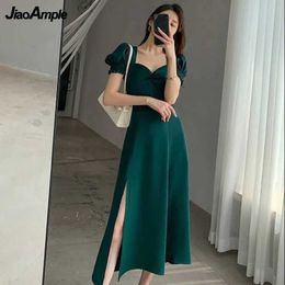 Casual Dresses Women's French Vintage Graceful Puff Sleeve Midi Dress Summer 2022 Sexy Square Collar Split Solid Green Dresses Party Black Gown G230322