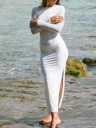 Casual Dresses Women Bathing Suit Cover Ups Mesh See-Through Crew Neck Long Sleeve Backless Slit Beach Dress For Bikini Swimwear