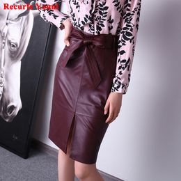 Skirts Women's Genuine Leather Skirt Female Autumn/Winter Wine Red/Purple Customer Size Bow Knot Belt Mid-Length Jupe Mujer Saia Midi 230322