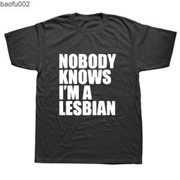 Men's T-Shirts Funny Nobody Knows That I Am A Lesbian T-Shirt Mens Short Sleeves Hip Hop Printed T Shirts Top Tees Streetwear W0322