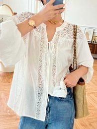 Women's Blouses Boho Inspired White Shirt Women V-neck Long Sleeve Hollow Out Embroidery Blouse Elegant Ladies Holiday Tops