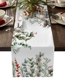 Table Runner Christmas Winter Berries Fir Tree Plant Christmas Home Decor Table Runner Wedding Decoration Tablecloth Kitchen Table Runners 230322
